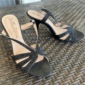 De Blossom Collection Black Strappy Rhinestone Stiletto Heels For Women Size 8